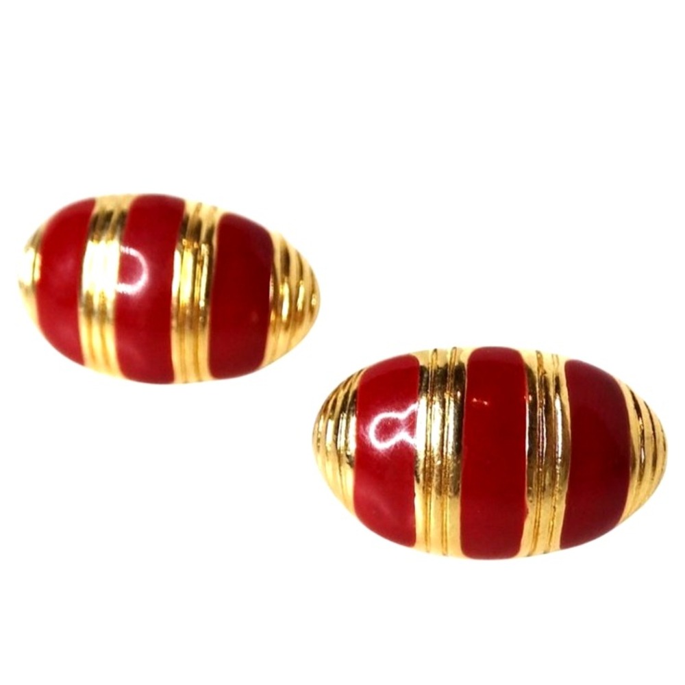 1980s Monet Red Striped Enamel 18k Yellow Gold Plated Clip-On‎ Earrings